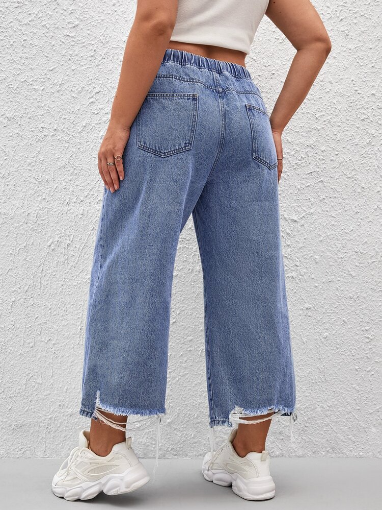 Plus Drawstring Waist Raw Cut Wide Leg Jeans