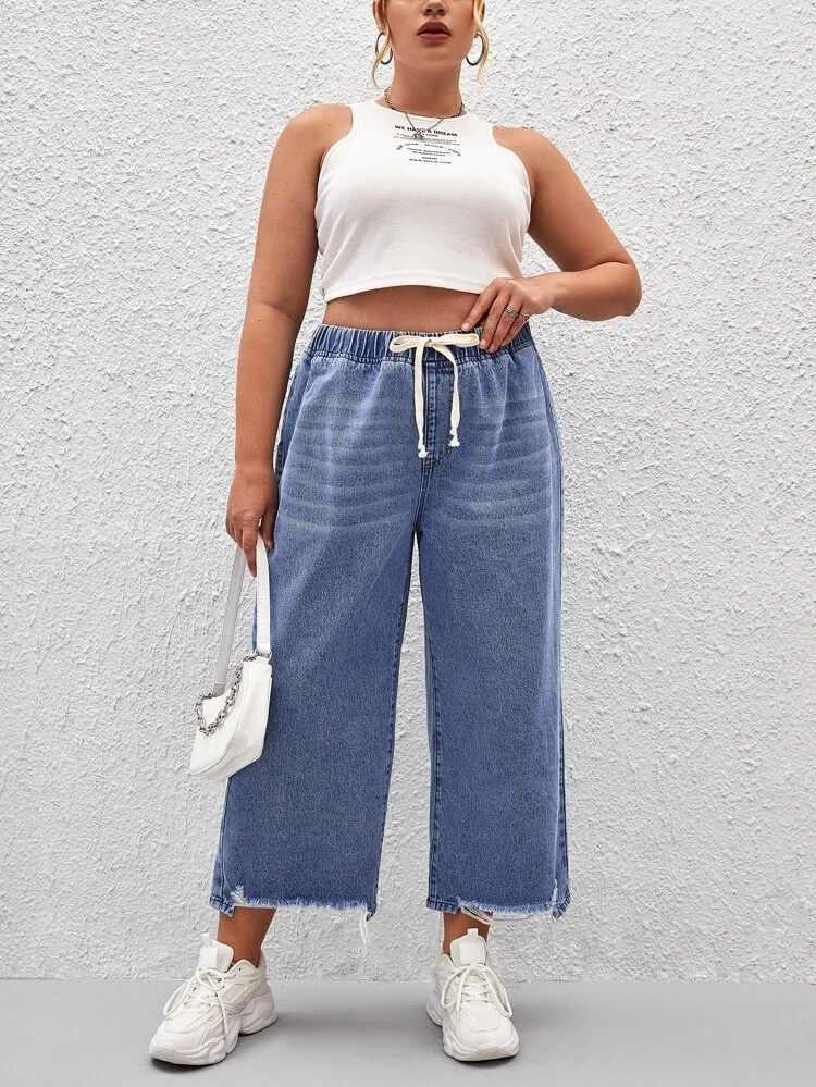 Plus Drawstring Waist Raw Cut Wide Leg Jeans