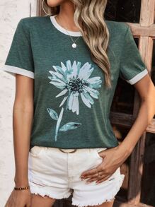 SHEIN LUNE 印花滾邊T恤 - 綠色 - 查看 1