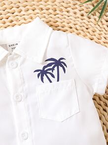 Baby Coconut Tree Print Pocket Patched Shirt Romper - White - View 6
