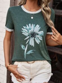 SHEIN LUNE 印花滾邊T恤 - 綠色 - 查看 5