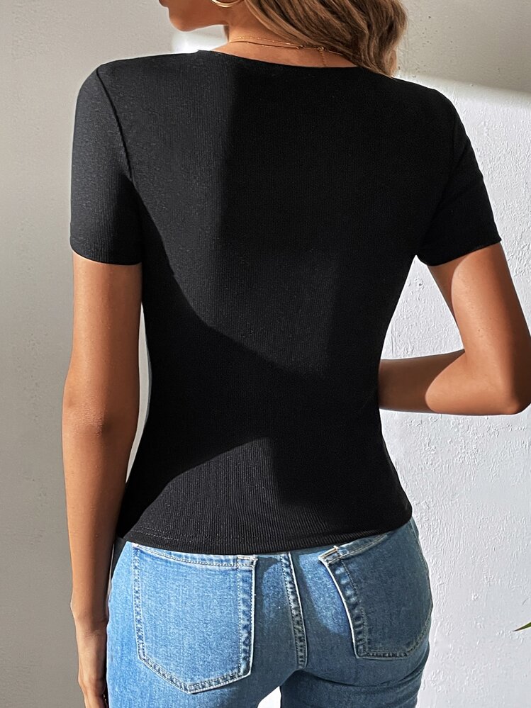 SHEIN Tall Criss Cross Front Ribbed Knit Tee - Black - View 2