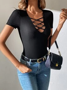 SHEIN Tall Criss Cross Front Ribbed Knit Tee - Black - View 6