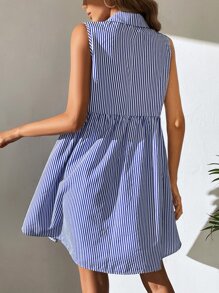 SHEIN Tall 條紋印花前紐扣娃娃裙 - 藍白色 - 查看 2