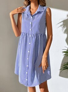 SHEIN Tall 條紋印花前紐扣娃娃裙 - 藍白色 - 查看 3