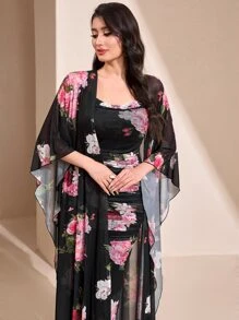 Modelyn Floral Print Cami Bodycon Dress & Open Front Coat Two Pieces 2 Pieces Set - Black - View 5