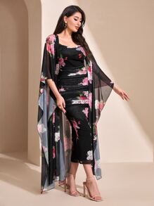 Modelyn Floral Print Cami Bodycon Dress & Open Front Coat Two Pieces 2 Pieces Set - Black - View 6