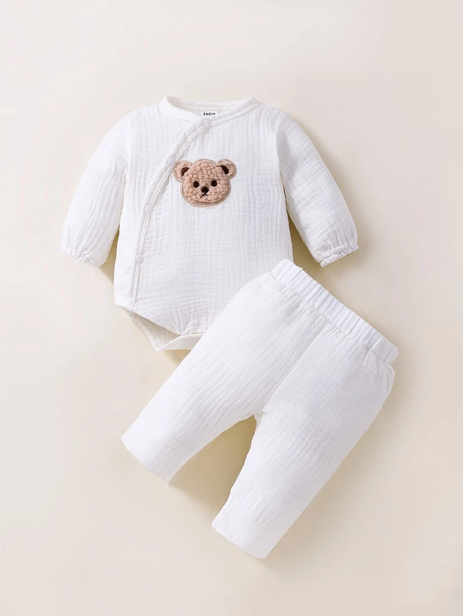 新生兒熊貼布連體衣和褲子 - 白色 - 查看 1