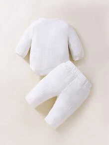 新生兒熊貼布連體衣和褲子 - 白色 - 查看 2