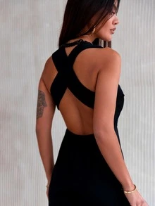 Solid V Neck Sleeveless Jumpsuit - Black - View 2