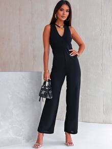 Solid V Neck Sleeveless Jumpsuit - Black - View 3
