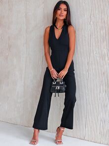 Solid V Neck Sleeveless Jumpsuit - Black - View 5