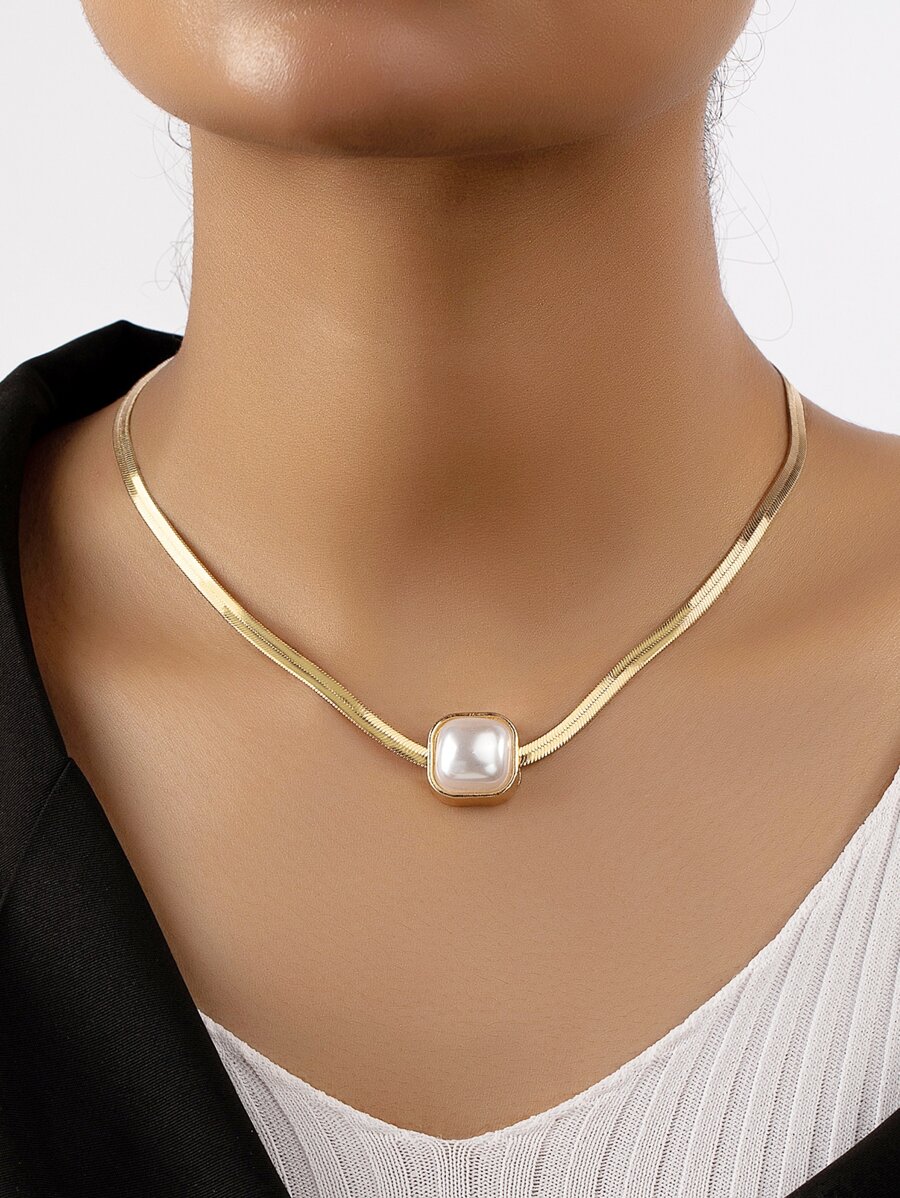 人造珍珠裝飾項鍊 - 金黃色 - 查看 1