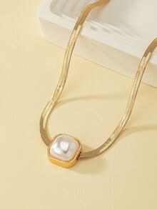 人造珍珠裝飾項鍊 - 金黃色 - 查看 4