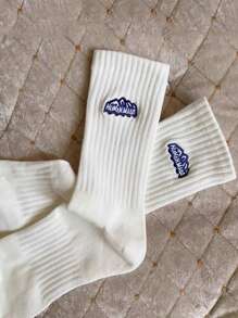 1 par Calcetines de tripulación al azar montaña & con bordado de letra - Multicolor - Ver 5