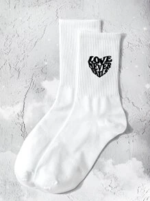 1 双女式中筒袜，字母和双杠设计，爱永不止息，非常适合情人节礼物和搭配服装，秋季袜子 - 黑與白 - 查看 2