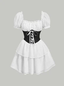 SHEIN MOD Lace Up Front Puff Sleeve Two Layer Hem 2 In 1 Milkmaid Dress - Black - View 1