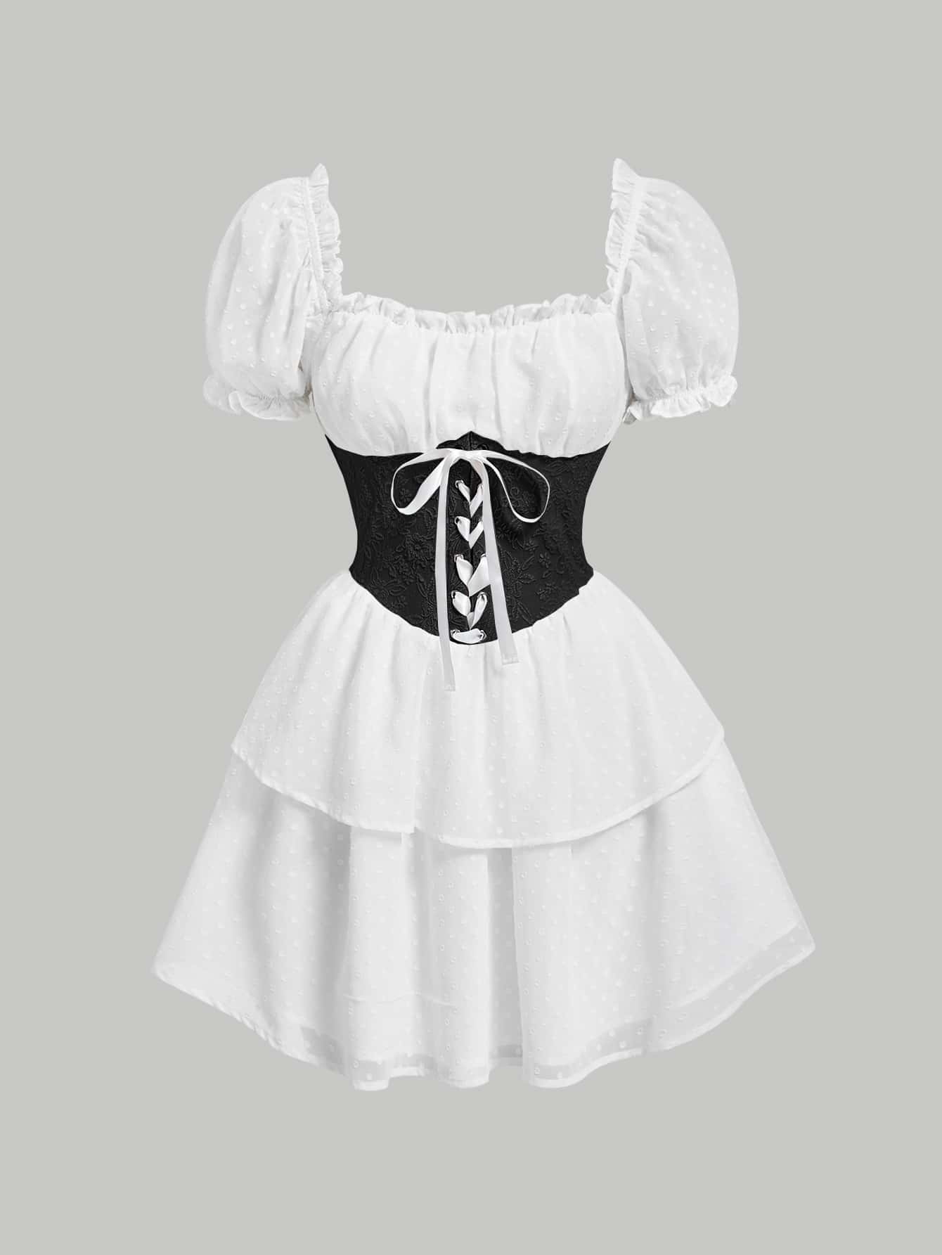 SHEIN MOD Lace Up Front Puff Sleeve Two Layer Hem 2 In 1 Milkmaid Dress - Black - View 1