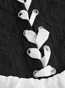 SHEIN MOD Lace Up Front Puff Sleeve Two Layer Hem 2 In 1 Milkmaid Dress - Black - View 4