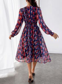 SHEIN Frenchy Women's Leaf Print V-Neck Lantern Sleeve Elegant Dress Winter Beach Spring Vacation - Multicolor - View 2