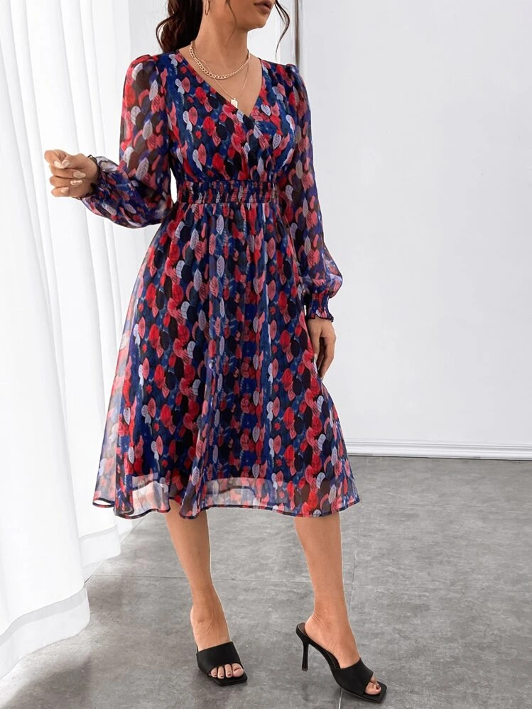 SHEIN Frenchy Women's Leaf Print V-Neck Lantern Sleeve Elegant Dress Winter Beach Spring Vacation - Multicolor - View 5