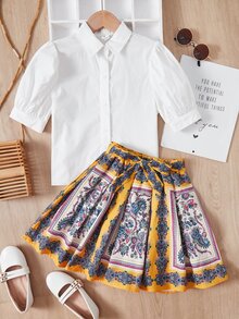 SHEIN 女孩泡泡袖襯衫和印花腰帶半身裙