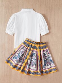 SHEIN 女孩泡泡袖襯衫和印花腰帶半身裙