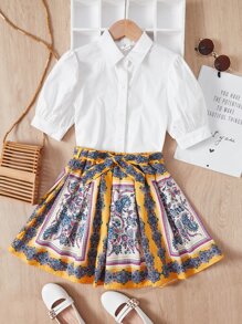 SHEIN 女孩泡泡袖襯衫和印花腰帶半身裙