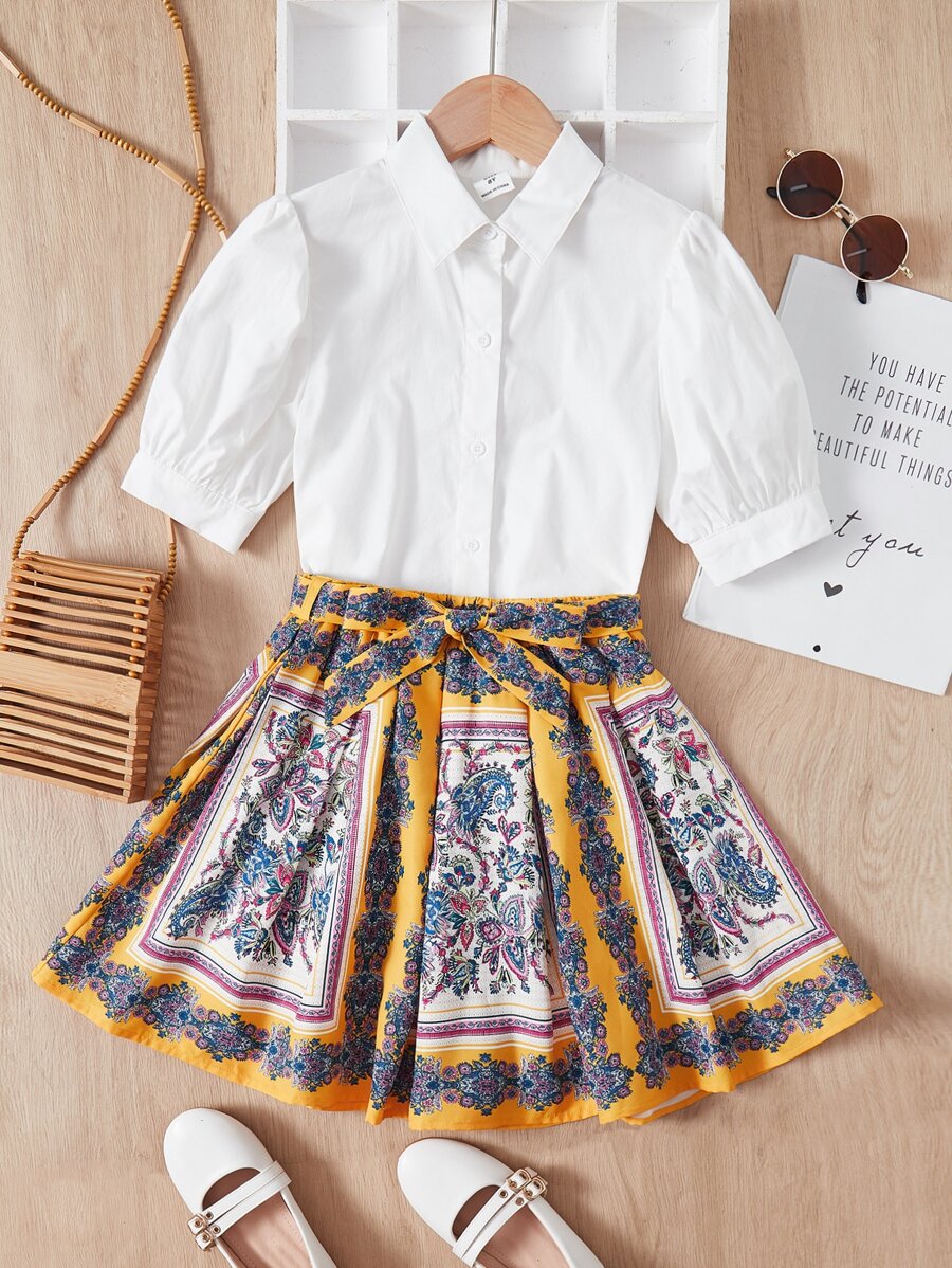 SHEIN 女孩泡泡袖襯衫和印花腰帶半身裙