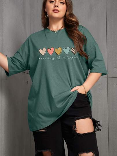 INAWLY Talla grande Camiseta con gráfico de corazón y lema "Un día a la vez", parte superior de verano para mujer