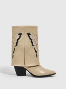 Styleloop 蝴蝶刺繡細節粗跟西部牛仔靴 - 米色 - 查看 4