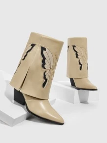 Styleloop 蝴蝶刺繡細節粗跟西部牛仔靴 - 米色 - 查看 5