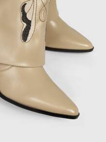 Styleloop 蝴蝶刺繡細節粗跟西部牛仔靴 - 米色 - 查看 3