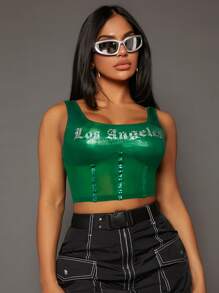 SHEIN SXY Rhinestone Letter Graphic Crop Tank Top - Green - View 1