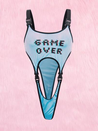 Anime Slogan Graphic Buckle Decor Teddy Bodysuit Lingerie