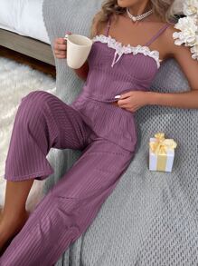 Bộ đồ ngủ Nữ Tương phản ren Nơ Bướm Gân đan Khối Màu Dễ thương - Màu tím - Xem 5