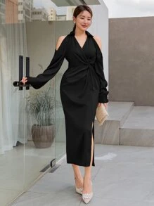 Modelyn Cold Shoulder Twist Front Split Thigh Dress - Black - View 1