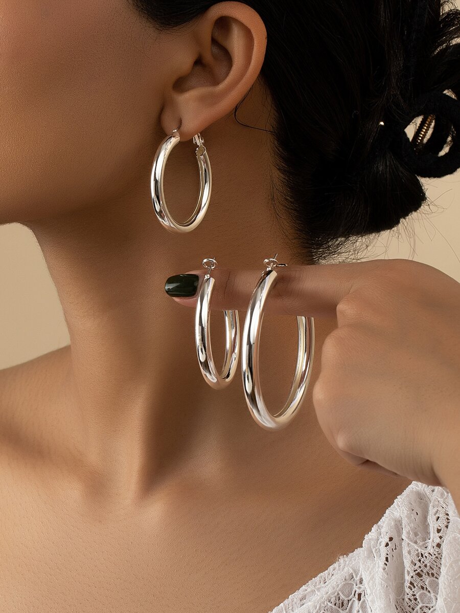 3pairs/set Fashionable Minimalist Round Hoop Earrings For Women For Daily Decoration - Silver - View 1