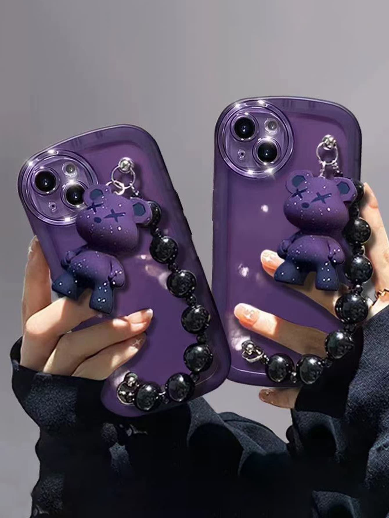 帶掛繩的熊裝飾手機殼，適用於 iPhone 11、iPhone 13、iPhone 14 Pro Max，搖滾風格 - 紫色 - 查看 1