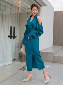 Modelyn Đầm Nút Chia xoắn lại Tách cao màu trơn Thanh lịch - Màu xanh ngọc - Xem 2