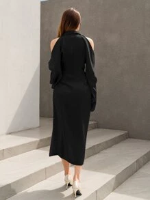 Modelyn Cold Shoulder Twist Front Split Thigh Dress - Black - View 4