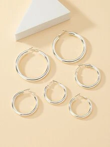 3pairs/set Fashionable Minimalist Round Hoop Earrings For Women For Daily Decoration - Silver - View 2