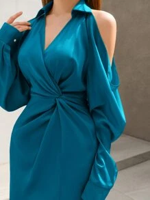 Modelyn Đầm Nút Chia xoắn lại Tách cao màu trơn Thanh lịch - Màu xanh ngọc - Xem 3