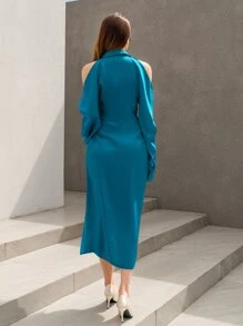 Modelyn Đầm Nút Chia xoắn lại Tách cao màu trơn Thanh lịch - Màu xanh ngọc - Xem 4