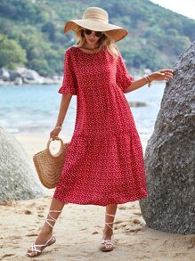 EMERY ROSE Allover Heart Print Flounce Sleeve Ruffle Hem Smock Dress - Red and White - View 3