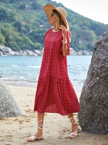 EMERY ROSE Allover Heart Print Flounce Sleeve Ruffle Hem Smock Dress - Red and White - View 4