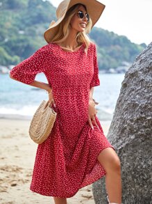 EMERY ROSE Allover Heart Print Flounce Sleeve Ruffle Hem Smock Dress - Red and White - View 5