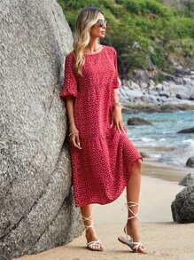 EMERY ROSE Allover Heart Print Flounce Sleeve Ruffle Hem Smock Dress - Red and White - View 1