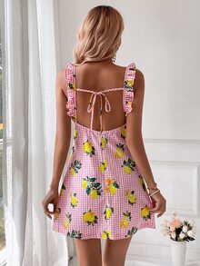 SHEIN VCAY Vestido de tirantes con estampado de limón con cordón delantero ribete con fruncido - Multicolor - Ver 2