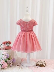 SHEIN Baby Floral Embroidery Mesh Overlay Dress - Pink - View 2